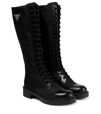 Prada Re-nylon And Leather Knee-high Boots In Nero