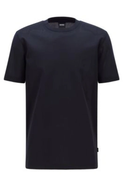 Hugo Boss Mercerised-cotton Short-sleeved T-shirt With Mesh Structure In Dark Blue