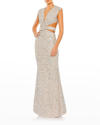 MAC DUGGAL SEQUIN SHEATH GOWN WITH TWIST MIDSECTION AND CUTOUTS