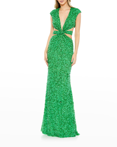 Mac Duggal Sequin Sheath Gown With Twist Midsection And Cutouts In Spring Green
