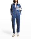 See By Chloé Patchwork Striped Denim Jumpsuit In Denim Blue