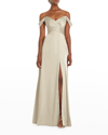 DESSY COLLECTION OFF-THE-SHOULDER FLOUNCE-SLEEVE GOWN
