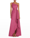 Alfred Sung Draped-front One-shoulder Satin Gown In Tea Rose