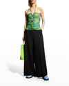 Ganni Halterneck Ruched Floral-print Jersey Top In Sulphur Spring