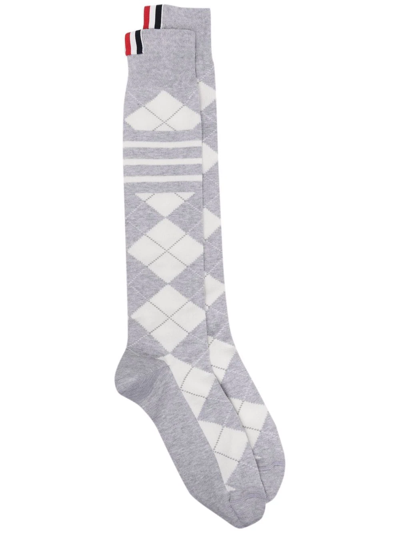 Thom Browne 4 Bar Argyle-check Socks In Grey
