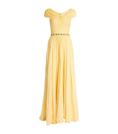 Jenny Packham Grace Off-the-shoulder Belted Chiffon Gown In Bees Wax