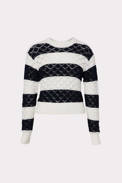 Milly Striped Cropped Pointelle Pullover In Ecru/navy
