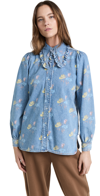 Ganni Ruffled Floral-print Organic Denim Shirt In Bleach Blue