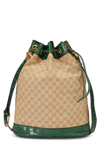 Pre-owned Gucci Green Original Gg Canvas Drawstring Bucket Bag