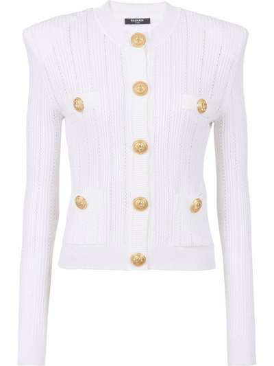 Balmain 粘胶纤维混纺纽扣开合针织开衫 In White