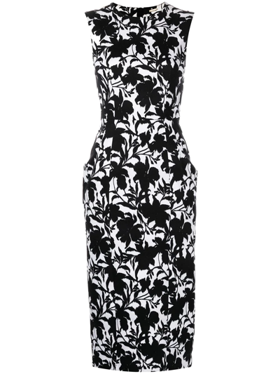 Adam Lippes Floral-print Cotton Twill Midi Sheath Dress In Black Ikat/white