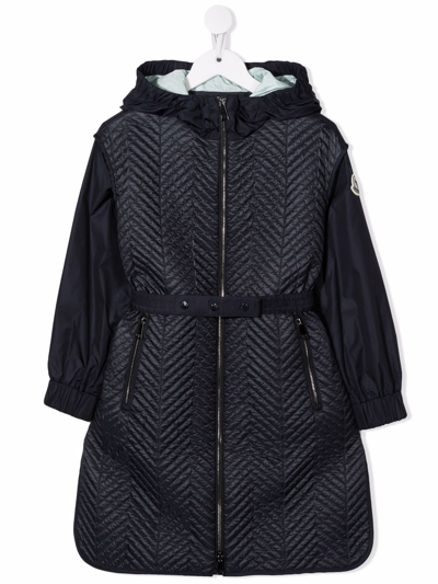 Moncler Kids' Belted Hooded Coat In Blue