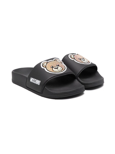 Moschino Kids' Embellished Toy-bear Slides In Black