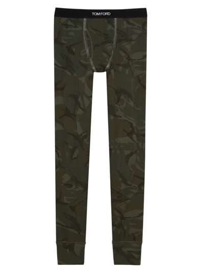 Tom Ford Cotton Blend Camo Print Long Underwear In Brown Olive