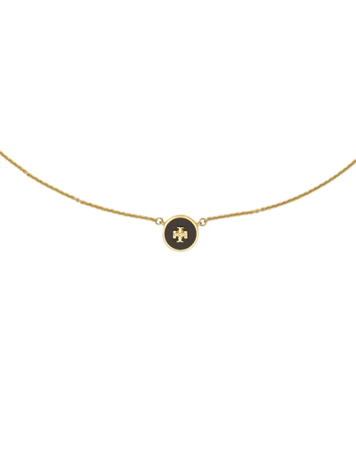 Tory Burch Women's Kira 18k-gold-plated & Enamel Logo Pendant Necklace In Gold Black