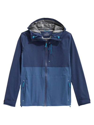 Vineyard Vines Nylon Blend Color Blocked Packable Hooded Rain Shell Jacket In Blue Blazer
