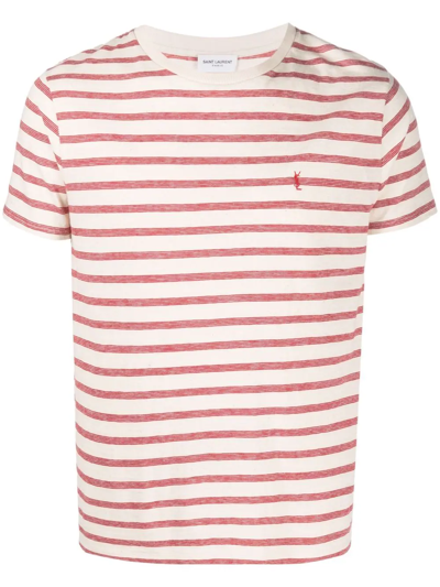 Saint Laurent Striped Embroidered-logo T-shirt In Multicolor