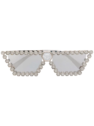 Philipp Plein Crystal-embellished Square-frame Sunglasses In Silver