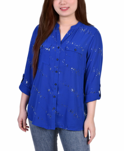 Ny Collection Petite Size 3/4 Sleeve Roll Tab Blouse With Metallic Details Top In Blue