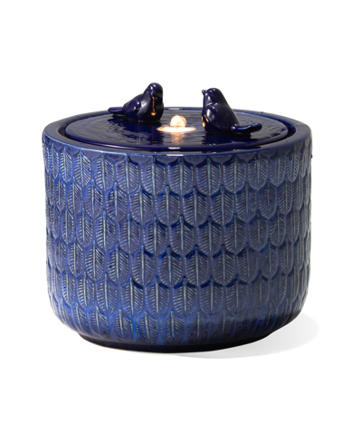 Glitzhome Two Birds Embossed Leaf Pattern Cylindrical Ceramic With Pump And Led Light Fountain, 14.75" Height In Blue