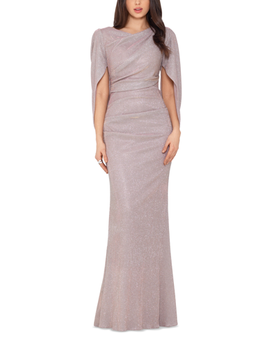 Betsy & Adam Long Glitter Galaxy Cowl Neck Gown In White Pink Gold