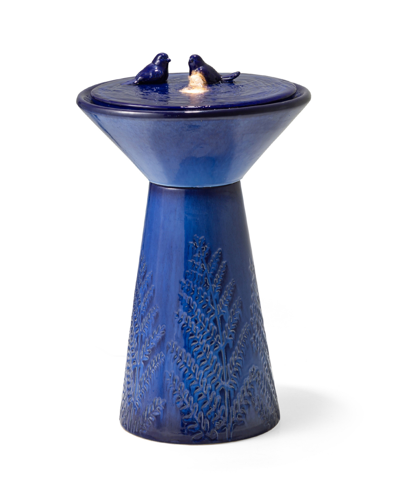 Glitzhome Two Birds Embossed Plant Pattern Pedestal Ceramic With Pump And Led Light Fountain, 27.5" Height In Blue