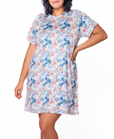 Icollection Danielle Recycled Plus Size Ultra Soft Floral Small Sleeves Lounge Dress In Tan/beige