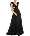Mac Duggal Rosette Chiffon Cutout Empire Waist Gown In Black