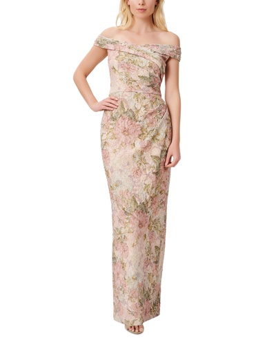 Adrianna Papell Off-the-shoulder Floral Gown In Rose Multi