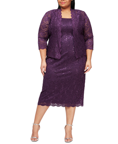 Sl Fashions Plus Size 2-pc. Lace Jacket & Sheath Dress Set In Eggplant