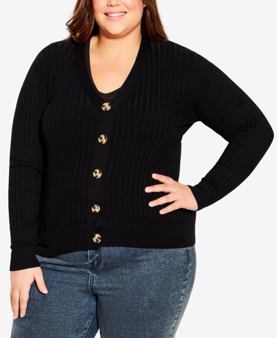 Avenue Plus Size Ribbed Knit Button Cardigan Sweater In Black