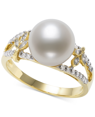 Belle De Mer Cultured Freshwater Pearl (9mm) & Diamond (1/6 Ct. T.w.) Openwork Ring In 14k Gold, Cre