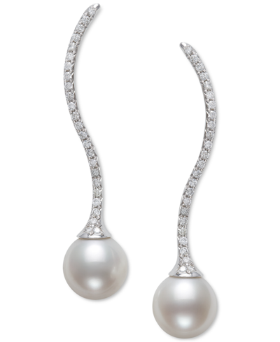 Belle De Mer Cultured Freshwater Pearl (9mm) & Diamond (3/8 Ct. T.w.) Swirl Drop Earrings In 14k Whi In White Gold