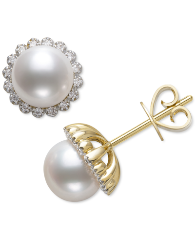 Belle De Mer Cultured Freshwater Pearl (7mm) & Diamond (1/8 Ct. T.w.) Halo Stud Earrings In 14k Gold, Created For
