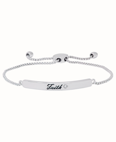 Macy's Diamond Accent 'faith' Adjustable Bolo Bracelet In Fine Silver Plate In Silver-plated