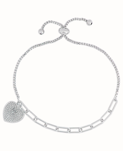 Macy's Diamond Accent Open Link Heart Bracelet In Fine Silver Plate In Silver-plated