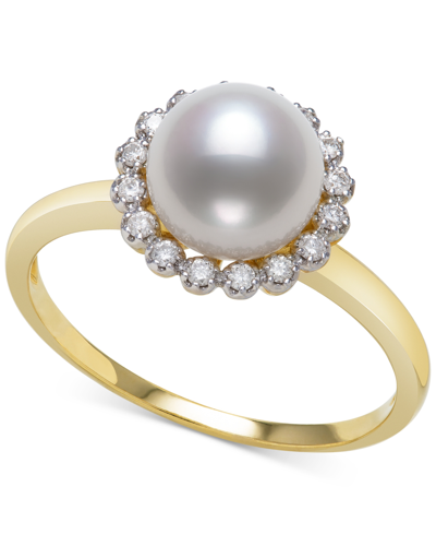 Belle De Mer Cultured Freshwater Pearl (7mm) & Diamond (1/8 Ct. T.w.) Halo Ring In 14k Gold, Created