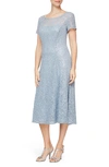 Sl Fashions Tea Length Sequin Lace Dress In Hydrangea