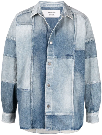 Ambush Patchwork Cotton Denim Shirt In Medium Wash