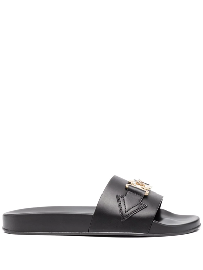 Versace Logo-plaque Leather Sliders In Black