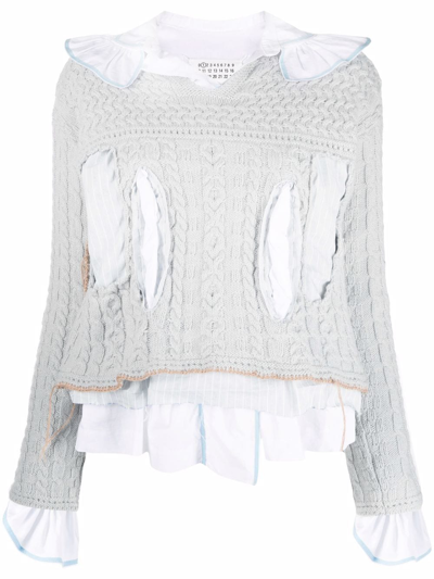Maison Margiela Cutout Detail Cotton Wool Cable Knit Sweater In Grey