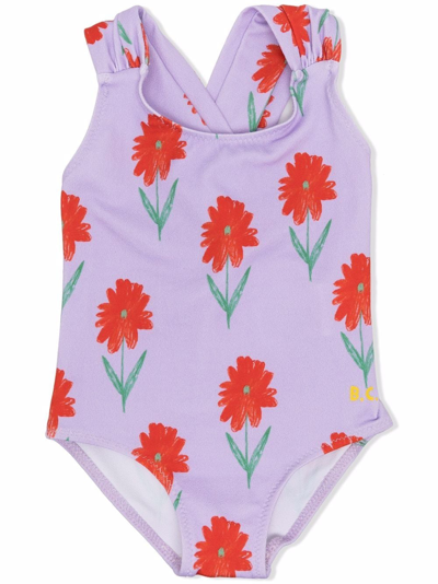 Bobo Choses Babies' 花卉印花交叉带连体泳衣 In Lightpurple,red