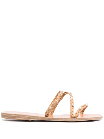 Ancient Greek Sandals Ekaterini Faux Pearl-embellished Braided Leather Sandals In Beige