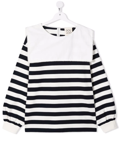 Douuod Teen Striped Bib-collar Long-sleeved Top In White