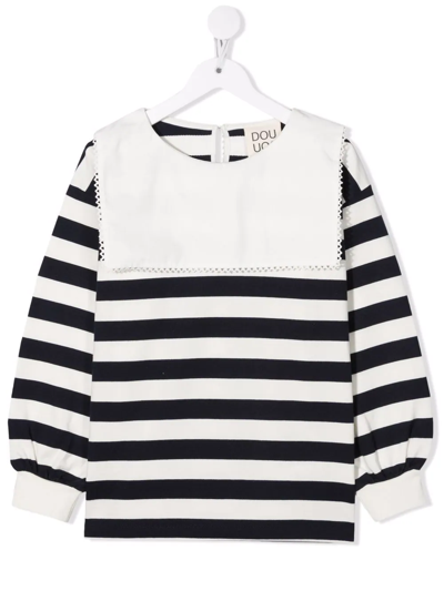 Douuod Teen Striped Bib-collar Long-sleeved Top In White