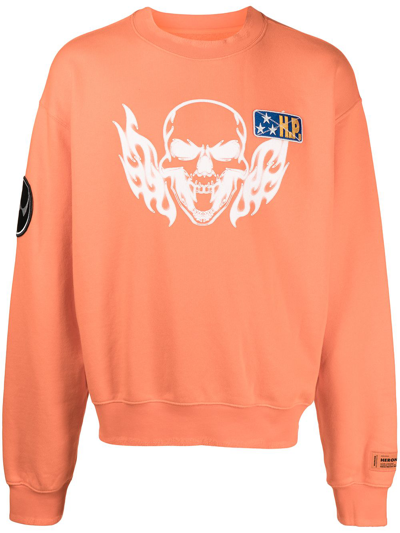 Heron Preston Skull-print Cotton Sweatshirt In Orange