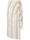 Brunello Cucinelli Striped Knot-front Cotton-linen Midi Skirt In Neutrals