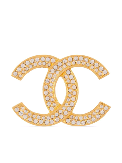 Pre-owned Chanel 1980s Cc Crystal-embellished Brooch In Gold