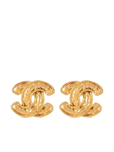 Pre-owned Chanel 1980s Cc Diamond-quilted Clip-on Earrings In Gold