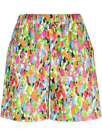 Msgm Abstract-print Pleated Shorts In Green
